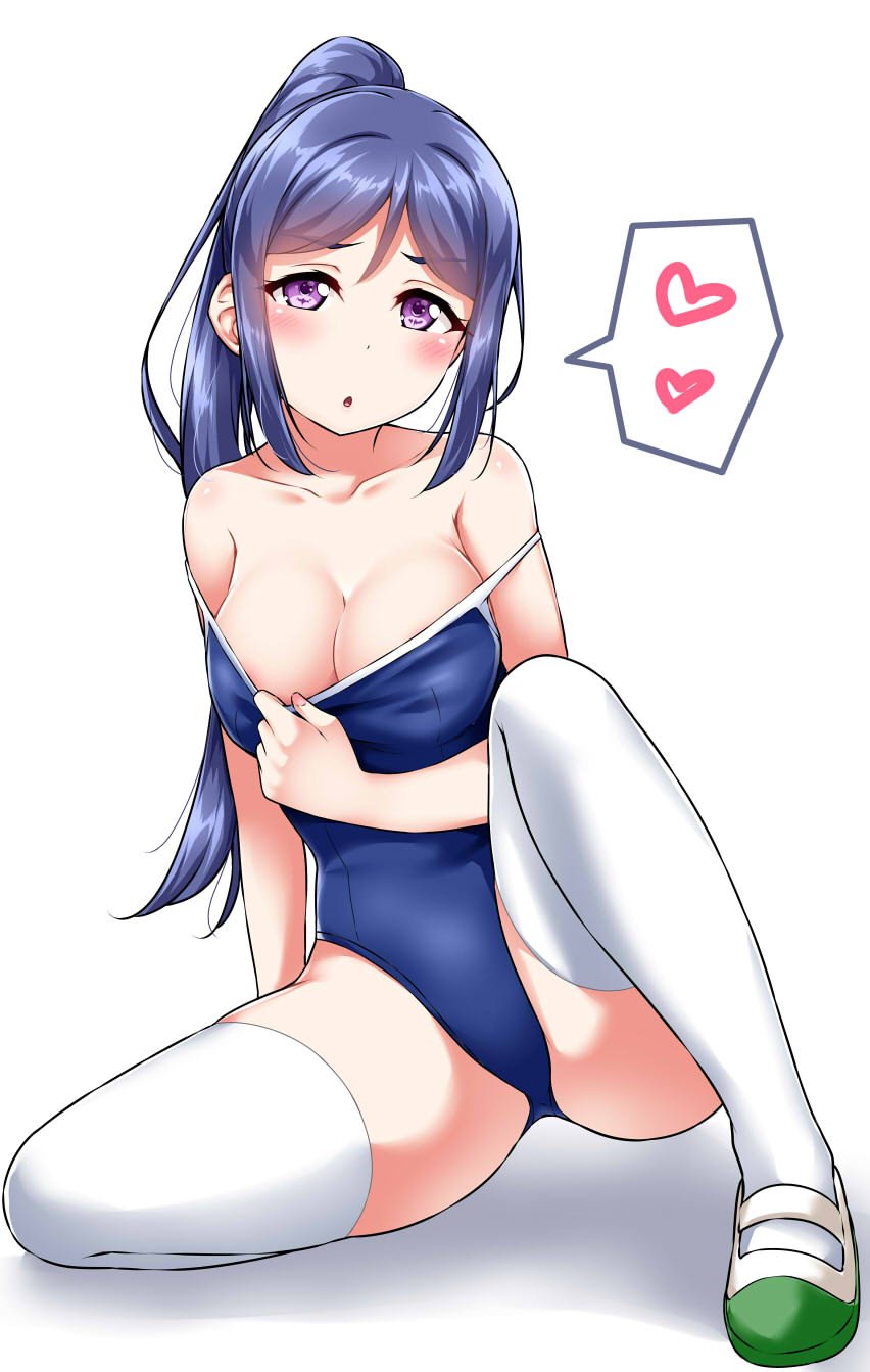 1girl :o bare_shoulders blue_hair blue_swimsuit blush breasts cleavage collar_tug collarbone commentary_request competition_school_swimsuit eyebrows_visible_through_hair heart highleg highleg_swimsuit highres large_breasts long_hair long_sleeves love_live! love_live!_sunshine!! matsuura_kanan one-piece_swimsuit ponytail puffy_long_sleeves puffy_sleeves shoes sitting solo spoken_heart strap_slip swimsuit swimsuit_pull thigh-highs uwabaki violet_eyes white_background white_legwear yopparai_oni