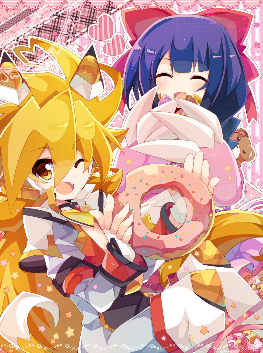 1boy 1girl ;d bird blonde_hair blue_hair blush boots closed_eyes doughnut dress drill_hair eating fang fingerless_gloves floral_background food gloves grey_jacket headgear heart heart_background highres jacket long_hair long_sleeves magical_girl magical_star_saki one_eye_closed open_mouth penguin pink_background pink_dress polka_dot polka_dot_background rento_(rukeai) saikyou_ginga_ultimate_zero_~battle_spirits~ smile sprinkles striped striped_background stuffed_animal stuffed_toy teddy_bear vertical-striped_background vertical_stripes white_footwear white_gloves yellow_eyes zero_the_glint