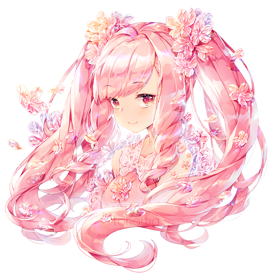 bangs bare_shoulders cherry_blossoms commission drill_hair flower hair_flower hair_ornament headshot long_hair looking_at_viewer original pink_eyes pink_hair sailor_collar smile tonowa twintails upper_body wavy_hair