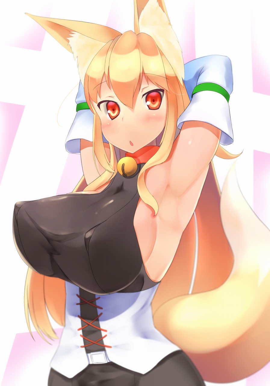 1girl animal_ears armpits arms_behind_head arms_up bell blonde_hair blush breasts commentary_request corset detached_sleeves erect_nipples fox_ears fox_tail highres jingle_bell large_breasts long_hair original perky_breasts portrait red_eyes shinoshinosp sideboob solo tail underbust