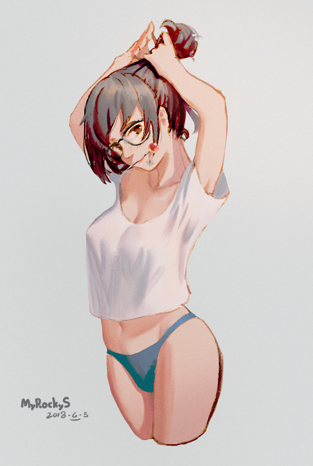 1girl adjusting_hair arms_up artist_name black-framed_eyewear blue_panties breasts brown_eyes brown_hair casual collarbone cowboy_shot dated glasses hair_ornament hair_stick light_smile looking_at_viewer medium_breasts mei_(overwatch) mouth_hold navel overwatch panties shirt short_hair short_sleeves signature simple_background snowflake_hair_ornament solo tying_hair underwear white_background white_shirt wudi_sao_nian