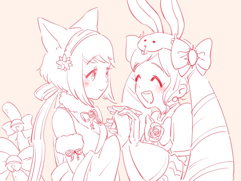 2girls animal_ears bell bow cat_ears cat_tail closed_eyes d0o00o0b elise_(fire_emblem_if) fire_emblem fire_emblem_heroes fire_emblem_if fur_trim gloves hair_bow hand_holding headband long_hair monochrome multiple_girls open_mouth pink_background rabbit_ears sakura_(fire_emblem_if) short_hair simple_background smile tail twintails