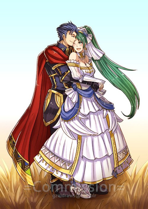 1boy 1girl armor artist_request bare_shoulders blue_eyes blue_hair bouquet bridal_veil bride cape couple dress fire_emblem fire_emblem:_rekka_no_ken fire_emblem_heroes flower gloves green_eyes green_hair groom hector_(fire_emblem) long_hair lyndis_(fire_emblem) ponytail short_hair smile veil wedding wedding_dress white_flower