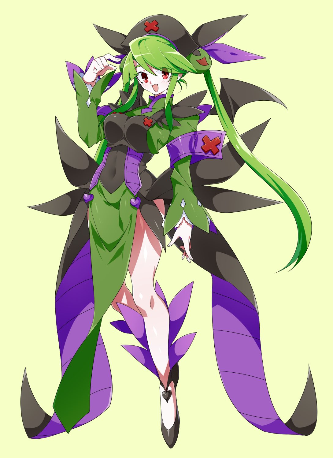 1girl :d alternate_color armband bangs black_footwear breasts covered_navel dress eyebrows_visible_through_hair eyes_visible_through_hair fingernails full_body gen_5_pokemon green_background green_hair hair_between_eyes hand_up heart highres hydreigon long_hair long_sleeves medium_breasts momoshiro multicolored multicolored_clothes multicolored_dress open_mouth personification pokemon red_eyes shiny_pokemon sidelocks simple_background smile solo twintails very_long_hair