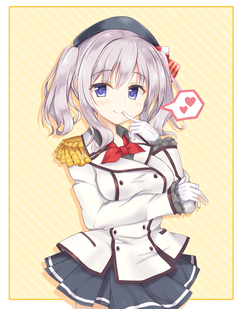 1girl bangs beret blue_eyes blush border breasts buttons closed_mouth cowboy_shot double-breasted epaulettes eyebrows eyebrows_visible_through_hair finger_to_mouth frilled_sleeves frills gloves grey_shirt hair_between_eyes hand_on_own_elbow hat heart jacket kantai_collection kashima_(kantai_collection) kerchief large_breasts long_hair long_sleeves looking_at_viewer military military_jacket military_uniform miniskirt neckerchief pleated_skirt red_neckwear sakashu shirt sidelocks silver_hair skirt smile solo spoken_heart striped striped_background tsurime twintails uniform wavy_hair white_gloves white_jacket yellow_background