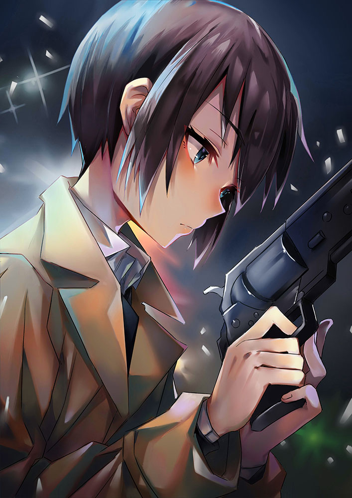 1girl artist_request bangs beige_coat black_hair blue_eyes closed_mouth coat collared_coat collared_shirt expressionless eyebrows_visible_through_hair gun handgun holding holding_gun holding_weapon kino kino_no_tabi looking_down revolver shirt short_hair solo weapon white_shirt