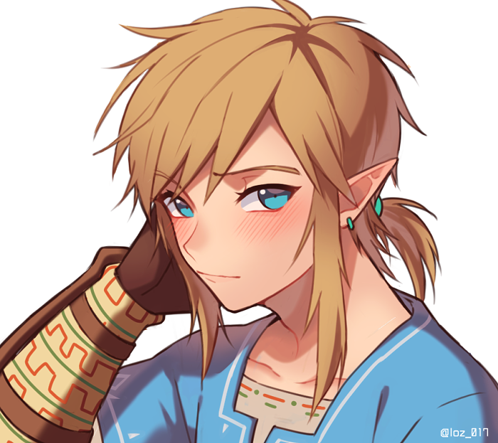 1boy blonde_hair blue_eyes blue_shirt blush gloves looking_at_viewer loz_017 pointy_ears ponytail shirt the_legend_of_zelda the_legend_of_zelda:_breath_of_the_wild