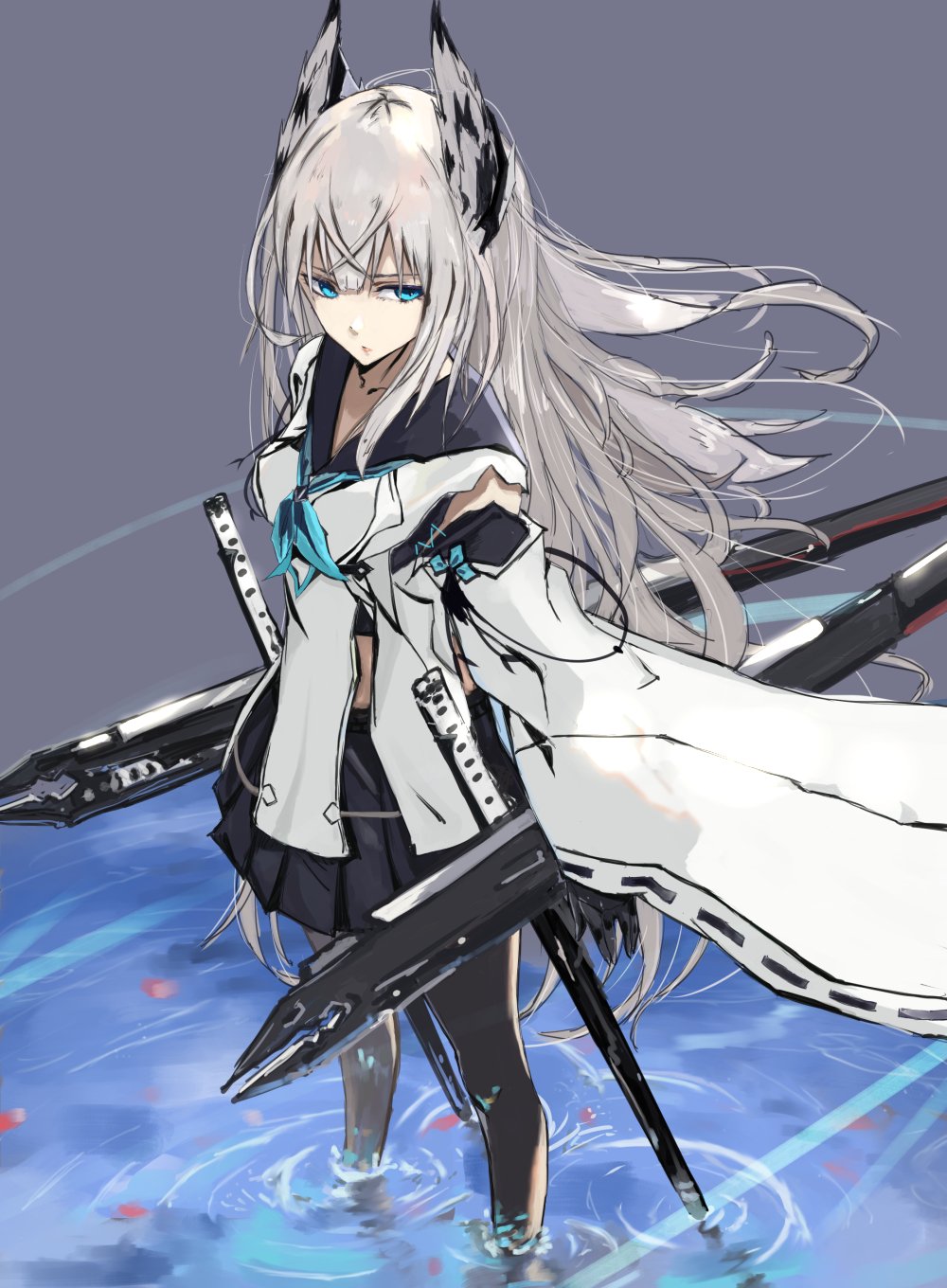 1girl azur_lane bangs black_gloves black_legwear black_sailor_collar black_skirt blue_eyes blue_neckwear breasts closed_mouth crossed_bangs detached_sleeves feathered_wings feathers gloves head_wings highres holding holding_sword holding_weapon in_water katana kawakaze_(azur_lane) long_hair machinery miniskirt mqq11 neckerchief petals pleated_skirt ribbon-trimmed_clothes ribbon-trimmed_sleeves ribbon_trim ripples sailor_collar shirt silver_hair skirt small_breasts solo standing straight_hair sword thigh-highs turret water weapon white_shirt wings zettai_ryouiki