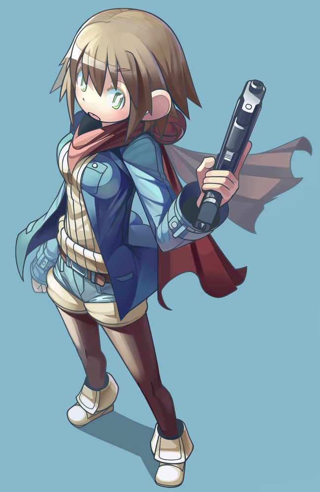 1girl brown_hair green_eyes gun handgun holding holding_gun holding_weapon i_(deichi) jacket original pantyhose pantyhose_under_shorts pistol scarf short_hair short_shorts shorts simple_background solo trigger_discipline weapon