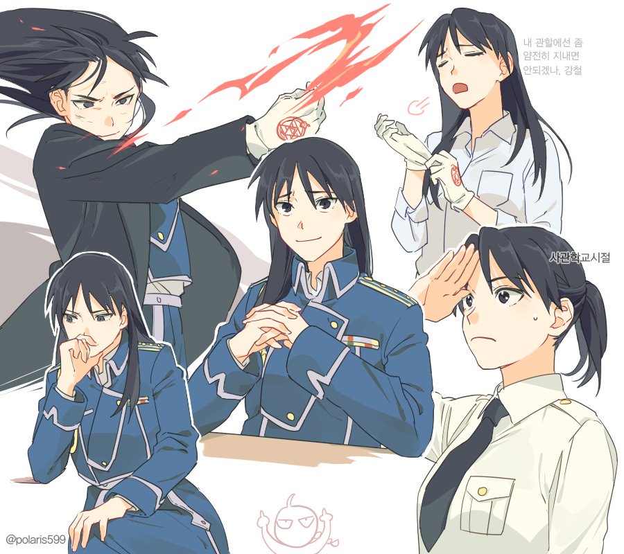 1boy 1girl =3 amestris_military_uniform antenna_hair arms_up black_coat black_eyes black_hair braid closed_eyes coat dirty dirty_face edward_elric elbows_on_table expressionless eyebrows_visible_through_hair fire floating_hair frown fullmetal_alchemist genderswap genderswap_(mtf) gloves grey_shirt hand_on_own_chin hands_together image_sample ing-eo_(polaris599) interlocked_fingers korean legs_crossed light_smile long_hair long_sleeves looking_away looking_up middle_finger military military_uniform necktie no_mouth no_nose open_mouth ponytail roy_mustang salute shirt simple_background sweatdrop translation_request twitter_sample twitter_username uniform upper_body white_background white_shirt