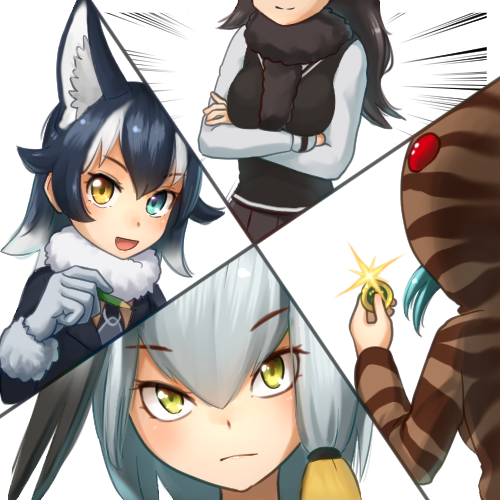4girls :d bangs black_hair blue_eyes commentary_request crossed_arms emphasis_lines eyebrows_visible_through_hair fur_collar glint gloves green_eyes grey_gloves grey_hair grey_wolf_(kemono_friends) hair_between_eyes head_tilt heterochromia holding_coin japari_coin kemono_friends looking_at_viewer lowres moose_(kemono_friends) multicolored_hair multiple_girls open_mouth pencil shoebill_(kemono_friends) simple_background smile streaked_hair striped_hoodie tsuchinoko_(kemono_friends) two-tone_hair welt_(kinsei_koutenkyoku) white_background white_hair yellow_eyes