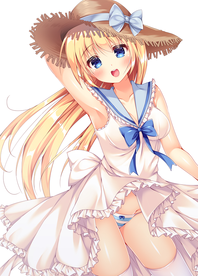 1girl :d arm_up armpits bangs bare_shoulders blonde_hair blue_bow blue_eyes blue_sailor_collar bow bow_panties breasts collarbone commentary_request dress eyebrows_visible_through_hair frilled_dress frills fujikura_ryuune grey_bow groin hair_between_eyes hat hat_bow long_hair looking_at_viewer medium_breasts open_mouth original panties sailor_collar sailor_dress simple_background sleeveless sleeveless_dress smile solo straw_hat striped striped_panties thigh-highs underwear upper_teeth very_long_hair white_background white_bow white_dress white_legwear