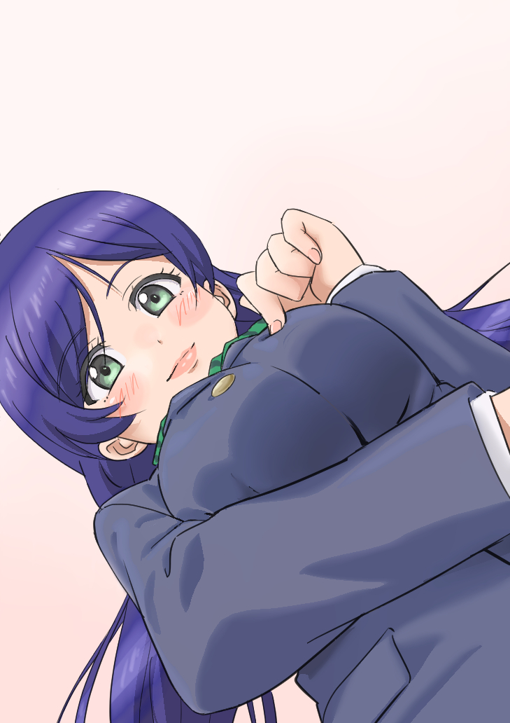 1girl bangs blue_hair blush_stickers breast_hold breast_poke breasts commentary_request dr._gero_(staedtler_0508) from_below gradient gradient_background green_eyes large_breasts lips long_hair long_sleeves looking_at_viewer love_live! love_live!_school_idol_project otonokizaka_school_uniform parted_bangs pink_background poking solo toujou_nozomi