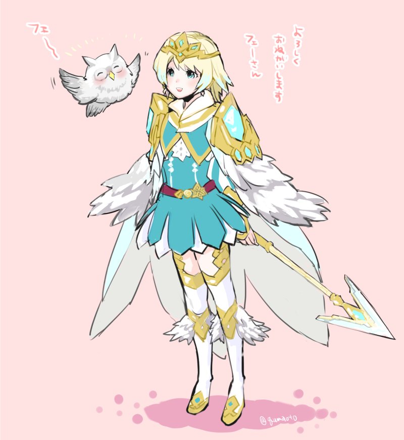 1girl bird blonde_hair blue_eyes blue_hair blush cape crown dress earrings feather_trim feh_(fire_emblem_heroes) fire_emblem fire_emblem_heroes fjorm_(fire_emblem_heroes) gradient gradient_hair hair_ornament jewelry long_hair multicolored_hair polearm qumaoto short_hair simple_background smile thigh-highs translated weapon