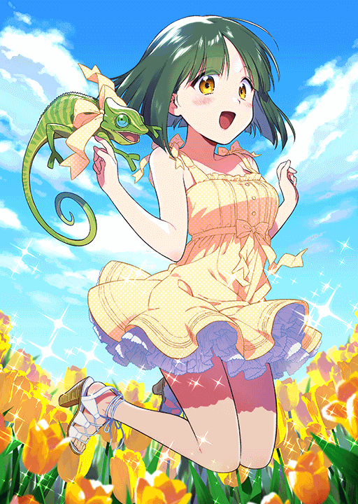 1girl animal bare_shoulders blue_sky blush bob_cut bow breasts chameleon collarbone day dress field flower flower_field frills jumping looking_at_viewer love_live! love_live!_school_idol_festival nature official_art open_mouth outdoors petticoat sandals shitara_fumi short_hair sky sleeveless sleeveless_dress smile solo yellow_dress yellow_eyes zekkyou_(h9s9)