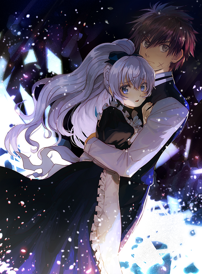 1boy 1girl alternate_costume aoki_(fumomo) apron arm_around_waist blue_eyes brown_hair butler cross_scar dutch_angle enmaided facial_scar full_metal_panic! grey_eyes hair_between_eyes hug light_particles long_hair long_sleeves looking_at_viewer maid maid_apron open_mouth ponytail sagara_sousuke scar scar_on_cheek short_hair silver_hair spiky_hair teletha_testarossa vest