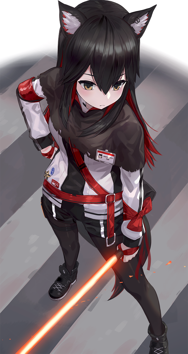 1girl animal_ears arknights black_hair black_legwear commentary_request energy_sword from_above hair_between_eyes hand_on_hip holding holding_weapon jacket kfr long_hair pantyhose shoes shorts sneakers solo sword texas_(arknights) weapon