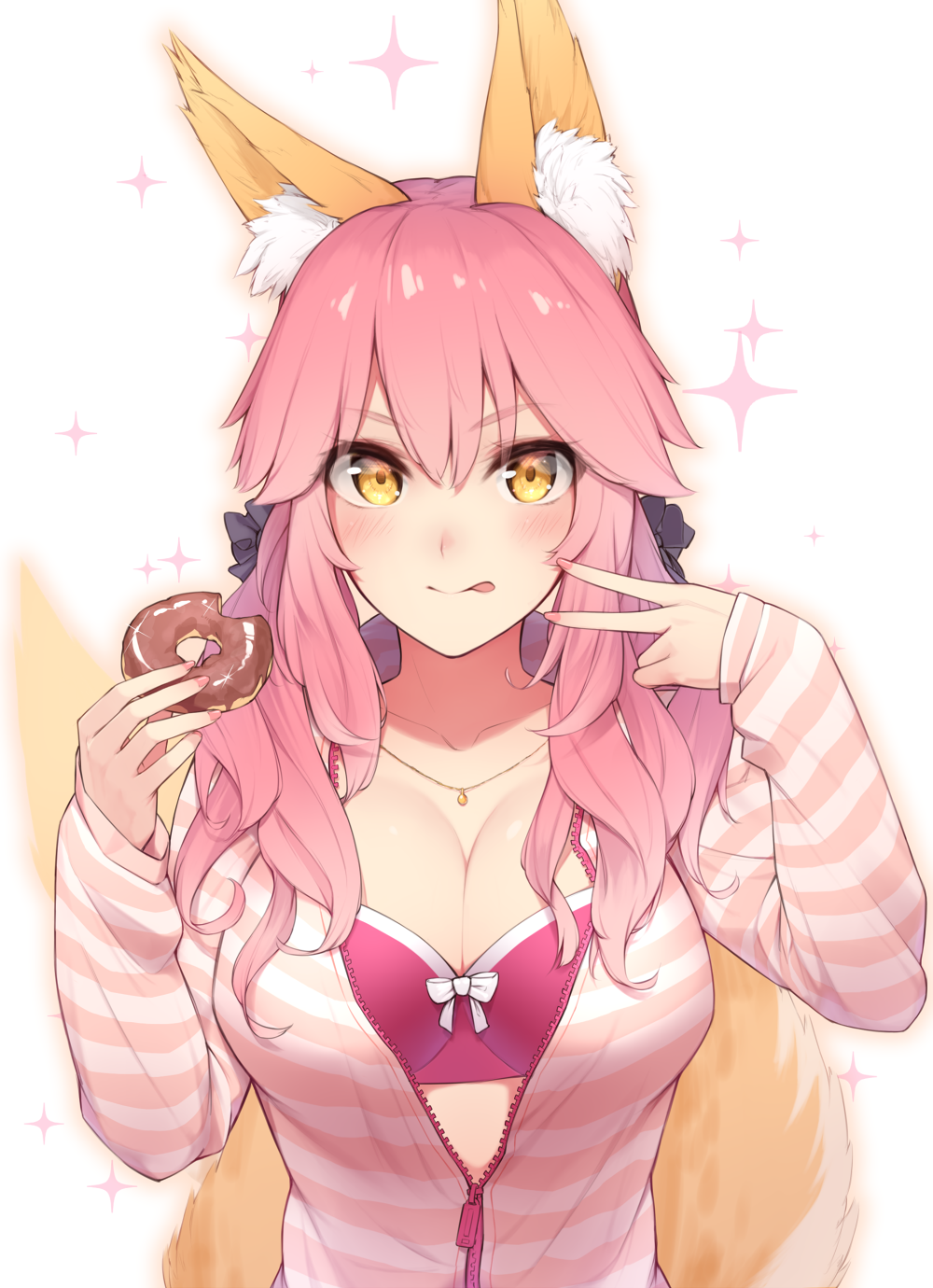 1girl animal_ears bangs blush bra breasts cleavage collarbone doughnut enosan eyebrows_visible_through_hair fate/extra fate_(series) food fox_ears fox_tail hair_between_eyes hand_gesture highres hood hoodie jacket jewelry large_breasts licking_lips long_hair looking_at_viewer necklace pink_bra pink_hair pink_jacket sidelocks simple_background smile solo sparkle striped_jacket tail tamamo_(fate)_(all) tamamo_no_mae_(fate) tongue tongue_out v white_background yellow_eyes zipper zipper_pull_tab