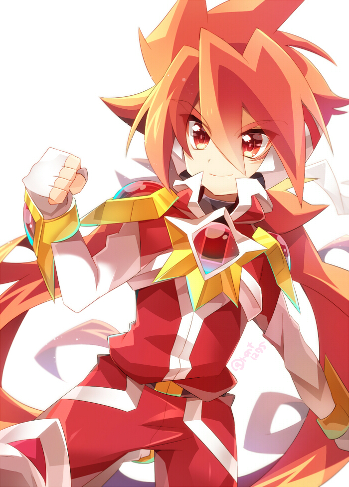 1boy belt belt_buckle buckle clenched_hand fingerless_gloves gloves long_sleeves looking_at_viewer outstretched_arm pants red_eyes red_pants red_shirt redhead rento_(rukeai) saikyou_ginga_ultimate_zero_~battle_spirits~ shirt simple_background smile solo spiky_hair white_background zero_the_burning