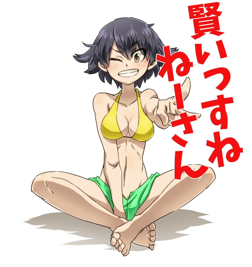 1girl aono3 arm_support bangs barefoot bikini bikini_shorts black_hair braid breasts brown_eyes cleavage eyebrows_visible_through_hair full_body girls_und_panzer green_bikini_bottom grin looking_at_viewer medium_breasts mismatched_bikini one_eye_closed pepperoni_(girls_und_panzer) shadow short_hair shorts side_braid simple_background sitting smile solo swimsuit translation_request v white_background yellow_bikini_top