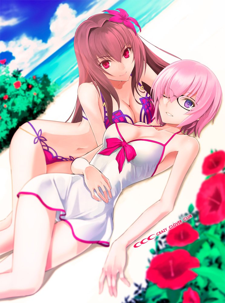 2girls beach bikini bow breasts cleavage clouds cloudy_sky collarbone day dress_swimsuit fate/grand_order fate_(series) flower glasses hair_flower hair_intakes hair_ornament hair_over_one_eye hibiscus large_breasts lavender_hair looking_at_viewer mash_kyrielight multiple_girls ocean pink_bikini pink_bow purple_bikini purple_hair red_eyes scathach_(fate/grand_order) scathach_(swimsuit_assassin)_(fate) shirotsumekusa short_hair sky smile swimsuit swimsuit_of_perpetual_summer violet_eyes white_swimsuit