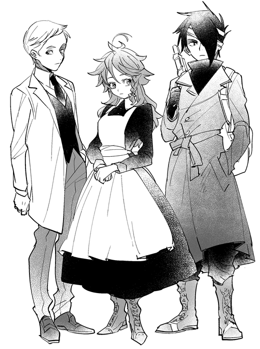 1girl 2boys ahoge apron bandage boots braid emma_(yakusoku_no_neverland) full_body hand_in_pocket looking_at_viewer multiple_boys necktie ni-si_(nisi_kun) norman_(yakusoku_no_neverland) older ray_(yakusoku_no_neverland) short_hair simple_background single_braid trench_coat turtleneck what_if white_background yakusoku_no_neverland