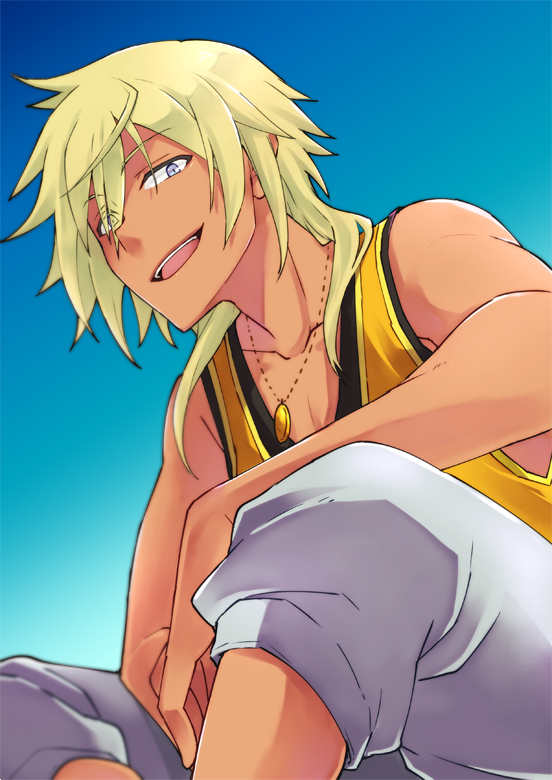 1boy asuto_(rooftop) blonde_hair blue_sky chains charaleet_(precure) gold_chain grey_eyes gyaruo hugtto!_precure long_hair looking_at_viewer male_focus open_mouth precure shirt sitting sky smile solo tank_top yellow_shirt