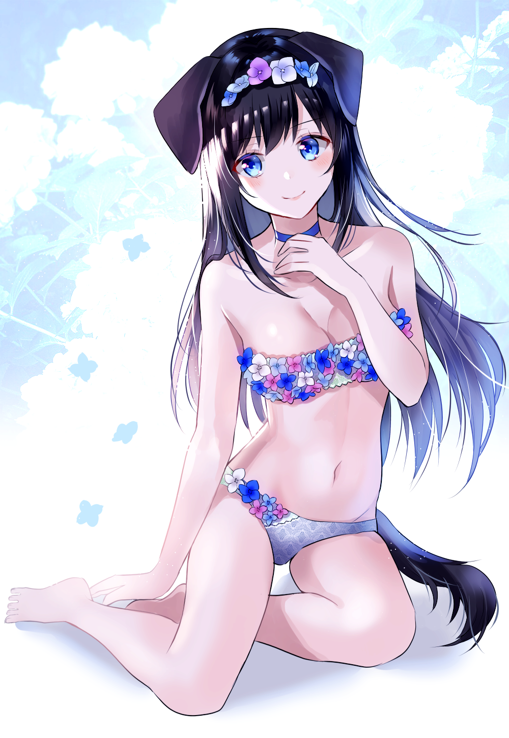 1girl animal_ears bangs bare_arms bare_shoulders black_hair blue_choker blue_eyes blue_sky blush bra breasts choker cleavage closed_mouth clouds cloudy_sky collarbone commentary_request day dog_ears dog_girl dog_tail eyebrows_visible_through_hair flower hair_between_eyes hand_up head_tilt highres hydrangea long_hair medium_breasts myusha navel original outdoors panties purple_bra purple_panties sky smile solo tail underwear underwear_only very_long_hair