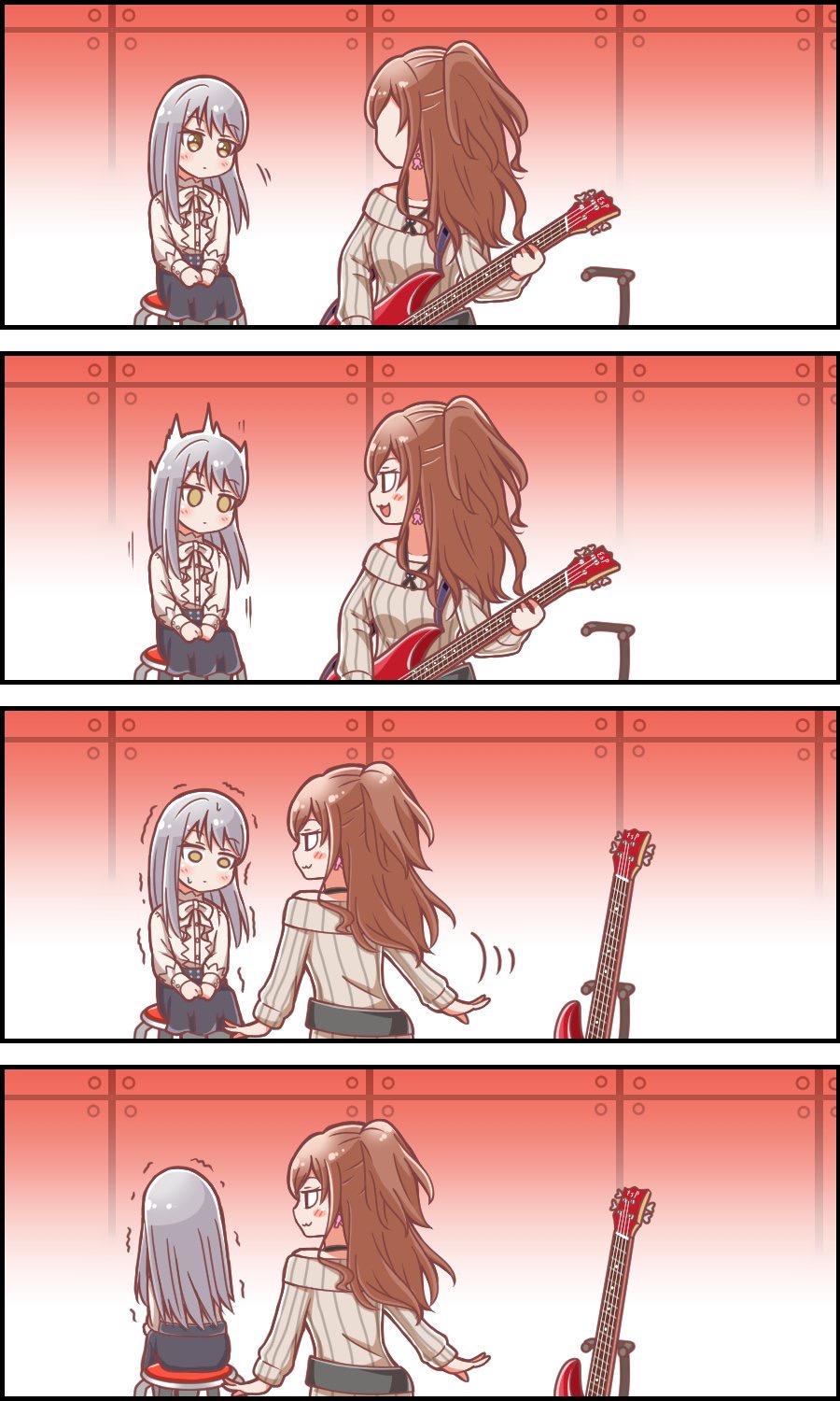 2girls 4koma :3 bang_dream! bangs black_skirt blush brown_hair center_frills comic earrings electric_guitar embarrassed grey_hair grey_sweater guitar guitar_stand half_updo hands_on_lap highres holding holding_instrument imai_lisa indoors instrument jewelry kyou_(user_gpks5753) long_hair long_sleeves looking_at_another minato_yukina motion_blur multiple_girls off-shoulder_sweater pendant ribbed_sweater silent_comic sitting skirt sweatdrop sweater trembling white_neckwear