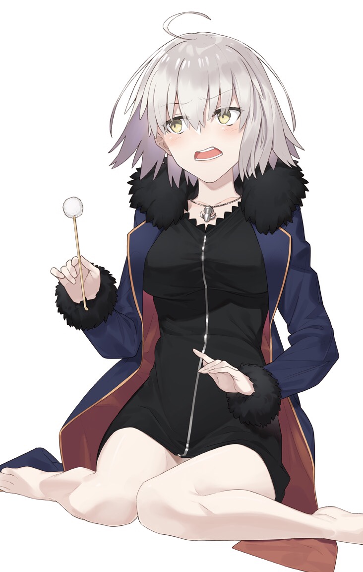 1girl ahoge bangs black_dress blue_jacket blush breasts collarbone commentary_request dress eyebrows_visible_through_hair fate/apocrypha fate/grand_order fate_(series) fur-trimmed_jacket fur-trimmed_sleeves fur_trim hair_between_eyes hayashi_kewi head_tilt holding jacket jeanne_d'arc_(alter)_(fate) jeanne_d'arc_(fate)_(all) jewelry lap_pillow_invitation large_breasts long_sleeves looking_at_viewer looking_away looking_to_the_side mimikaki necklace open_clothes open_jacket open_mouth short_dress short_hair silver_hair simple_background sitting solo white_background yellow_eyes