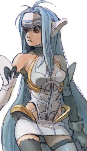 1girl android bare_shoulders blue_hair breasts commentary_request elbow_gloves expressionless forehead_protector gloves homa kos-mos leotard long_hair lowres red_eyes solo standing thigh-highs very_long_hair xenosaga