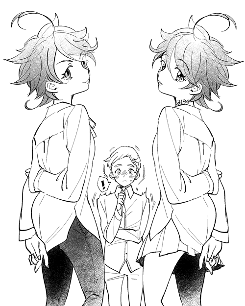 ! 1boy 2girls ahoge arm_behind_back blush closed_mouth dual_persona emma_(yakusoku_no_neverland) greyscale looking_back monochrome multiple_girls neck_tattoo ni-si_(nisi_kun) norman_(yakusoku_no_neverland) pants pleated_skirt skirt smile spoken_exclamation_mark tattoo yakusoku_no_neverland