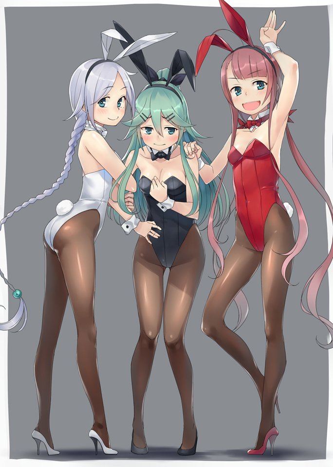 3girls ahoge animal_ears bangs black_footwear black_leotard black_neckwear blue_eyes bow bowtie braid breasts brown_legwear bunny_tail bunnysuit cleavage detached_collar full_body gahaku green_eyes green_hair grey_background hair_between_eyes hair_ornament hair_ribbon hair_tie hairband hairclip high_heels kantai_collection kawakaze_(kantai_collection) leotard long_hair looking_at_viewer low_twintails medium_breasts mole mole_under_eye multiple_girls pantyhose parted_bangs ponytail rabbit_ears red_footwear red_leotard red_neckwear redhead ribbon sidelocks silver_hair simple_background standing strapless strapless_leotard tail twintails umikaze_(kantai_collection) very_long_hair white_footwear white_leotard white_neckwear wrist_cuffs yamakaze_(kantai_collection)