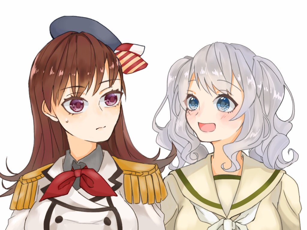2girls artist_request beret blush breasts brown_hair closed_mouth collared_shirt commentary cosplay double-breasted epaulettes eyebrows_visible_through_hair grey_hair grey_shirt hat kantai_collection kashima_(kantai_collection) kashima_(kantai_collection)_(cosplay) long_hair military military_jacket military_uniform multiple_girls neckerchief ooi_(kantai_collection) ooi_(kantai_collection)_(cosplay) red_neckwear school_uniform serafuku shirt silver_hair simple_background smile sweat twintails uniform upper_body violet_eyes wavy_hair white_background white_neckwear
