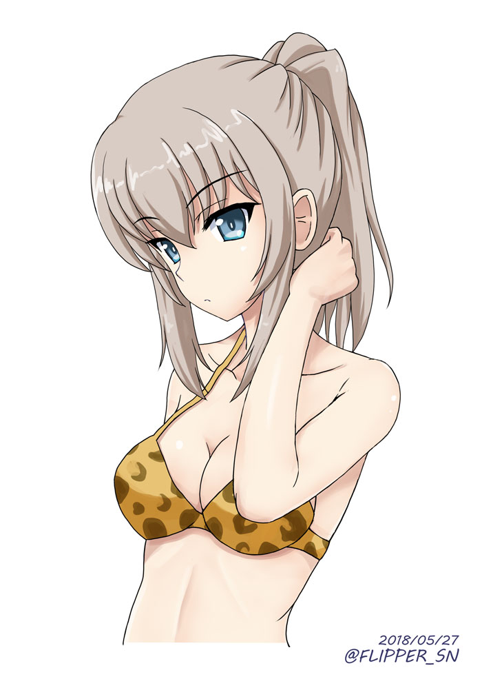1girl animal_print bikini blue_eyes breasts cleavage closed_mouth collarbone commentary dated eyebrows_visible_through_hair flipper girls_und_panzer hair_up hand_in_hair itsumi_erika light_frown long_hair looking_at_viewer medium_breasts ponytail print_bikini silver_hair simple_background solo standing swimsuit twitter_username upper_body white_background yellow_bikini