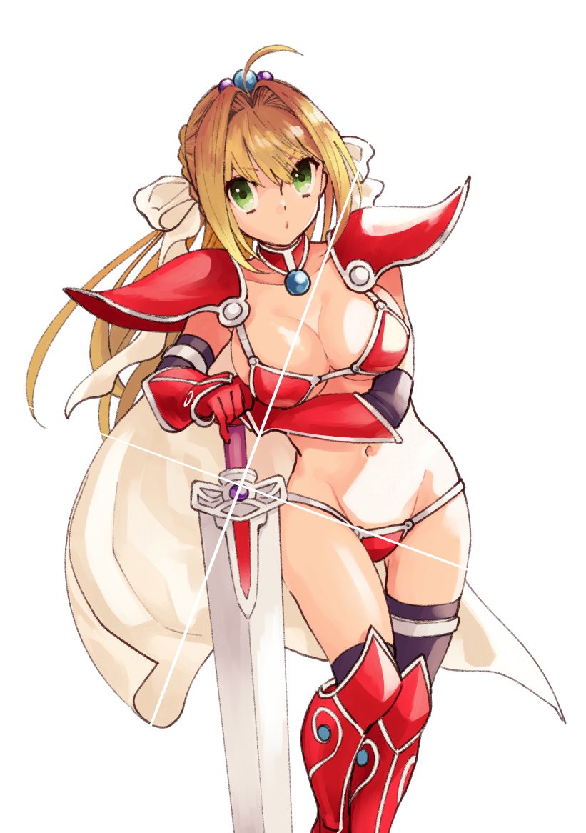 1girl ahoge armor armored_boots bangs bikini_armor black_legwear blonde_hair boots breasts broadsword cape choker cleavage collarbone cosplay elizabeth_bathory_(brave)_(fate) elizabeth_bathory_(brave)_(fate)_(cosplay) elizabeth_bathory_(fate)_(all) fate/extra fate/grand_order fate_(series) gloves green_eyes hair_intakes hair_ribbon hips knee_boots large_breasts long_hair looking_at_viewer navel nero_claudius_(fate) nero_claudius_(fate)_(all) pauldrons red_armor red_footwear ribbon simple_background solo susu_bal sword thigh-highs thighs tiara vambraces waist weapon white_background white_cape white_ribbon