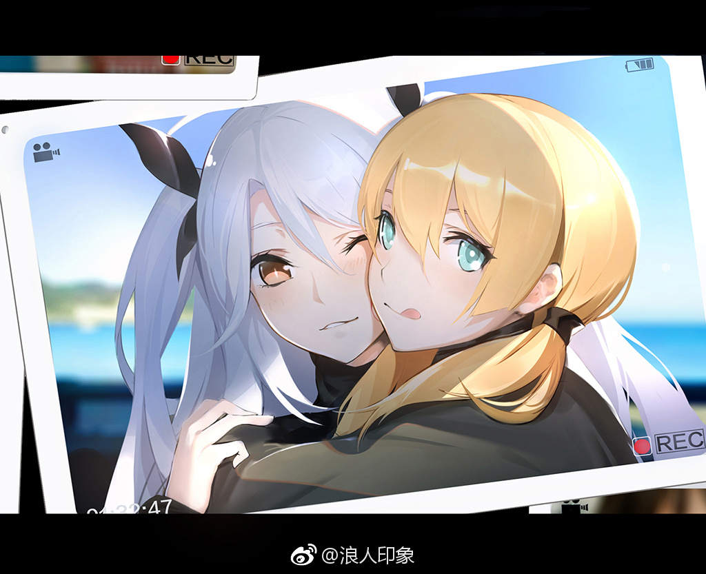 2girls :q azur_lane blonde_hair blue_eyes blurry bright_pupils brown_eyes crossover depth_of_field from_behind hair_between_eyes hair_over_shoulder hug kantai_collection letterboxed long_hair looking_at_viewer looking_back low_twintails multiple_girls namesake narcolepsy-1900 one_eye_closed outdoors parted_lips photo_(object) prinz_eugen_(azur_lane) prinz_eugen_(kantai_collection) silver_hair smile tongue tongue_out turtleneck twintails two_side_up weibo_username white_pupils