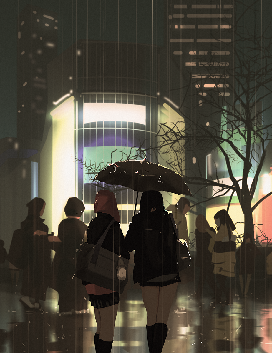 5girls bag bare_tree blurry bokeh building city dark depth_of_field highres hood long_hair multiple_girls night original pleated_skirt rain school_uniform shoulder_bag sketch skirt snatti tree umbrella walking