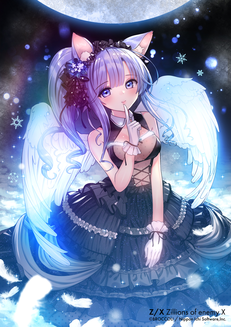 1girl animal_ears bare_shoulders black_dress breasts character_request closed_mouth collared_dress commentary_request copyright_name dress feathered_wings finger_to_mouth gloves glowing hand_up head_tilt large_breasts long_hair looking_at_viewer purple_hair see-through side_ponytail sidelocks sleeveless sleeveless_dress smile snowflakes solo tsukigami_runa violet_eyes watermark white_gloves white_wings wings z/x