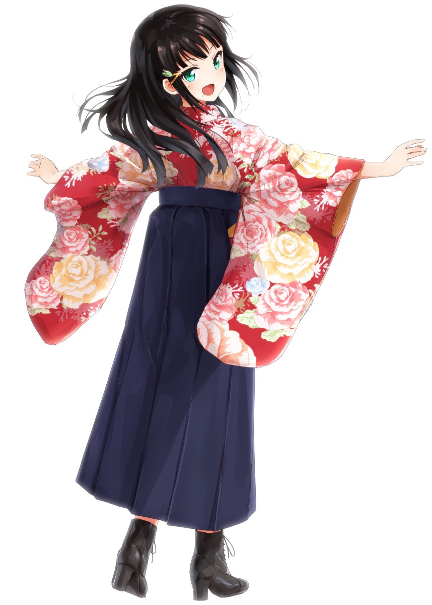 1girl :d bangs black_footwear black_hair blue_hakama boots floral_print from_behind full_body green_eyes hair_ornament hairclip hakama high_heel_boots high_heels highres japanese_clothes kimono kurosawa_dia looking_at_viewer looking_back love_live! love_live!_sunshine!! meiji_schoolgirl_uniform mole mole_under_mouth open_mouth outstretched_arms red_kimono simple_background smile solo spread_arms standing suke_(momijigari) white_background wide_sleeves