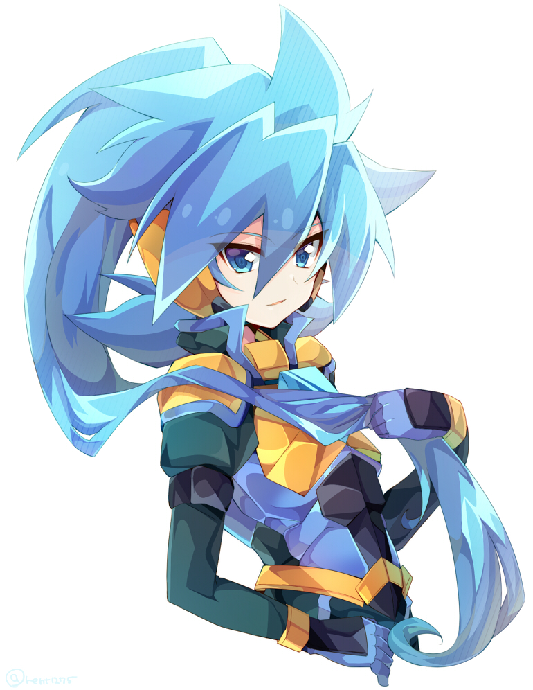 1boy aqua_shirt armor blue_armor blue_eyes blue_gloves blue_hair gloves long_sleeves looking_at_viewer open_mouth rento_(rukeai) saikyou_ginga_ultimate_zero_~battle_spirits~ shirt simple_background smile solo spiky_hair white_background zero_the_azure