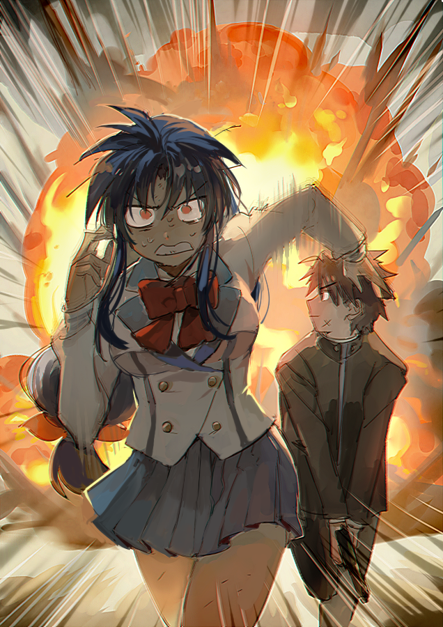 1boy 1girl aoki_(fumomo) blue_hair breasts brown_eyes brown_hair chidori_kaname clenched_teeth cowboy_shot cross_scar explosion facial_scar full_metal_panic! gun handgun long_hair long_sleeves looking_back medium_breasts miniskirt motion_lines pants pistol pleated_skirt red_eyes running sagara_sousuke scar scar_on_cheek school_uniform serafuku shirt short_hair skirt spiky_hair sweatdrop teeth turtleneck weapon