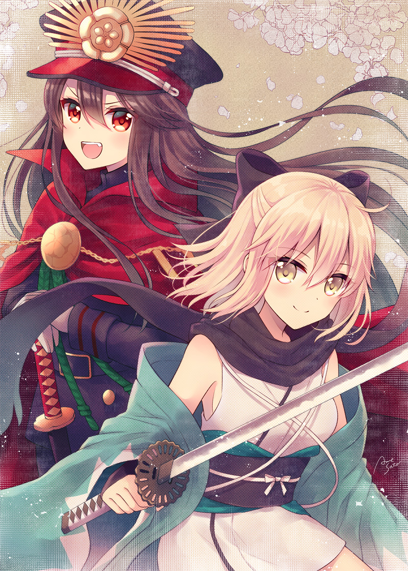 2girls :d bangs black_bow black_hat black_jacket black_scarf blonde_hair bow brown_hair cape closed_mouth commentary_request eyebrows_visible_through_hair family_crest fate/grand_order fate_(series) hair_between_eyes hair_bow hands_on_hilt haori hat holding holding_sword holding_weapon jacket japanese_clothes katana kimono koha-ace long_hair looking_at_viewer military_hat military_jacket multiple_girls oda_nobunaga_(fate) oda_uri okita_souji_(fate) open_mouth peaked_cap red_cape red_eyes sato_ame scarf short_kimono sleeveless sleeveless_kimono smile sword very_long_hair weapon white_kimono yellow_eyes