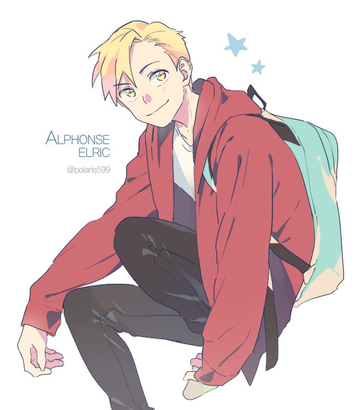 1boy alphonse_elric backpack bag black_pants blonde_hair character_name eyebrows_visible_through_hair fullmetal_alchemist image_sample ing-eo_(polaris599) jacket long_sleeves male_focus pants red_jacket shirt short_hair simple_background smile star twitter_sample twitter_username upper_body white_background white_shirt yellow_eyes