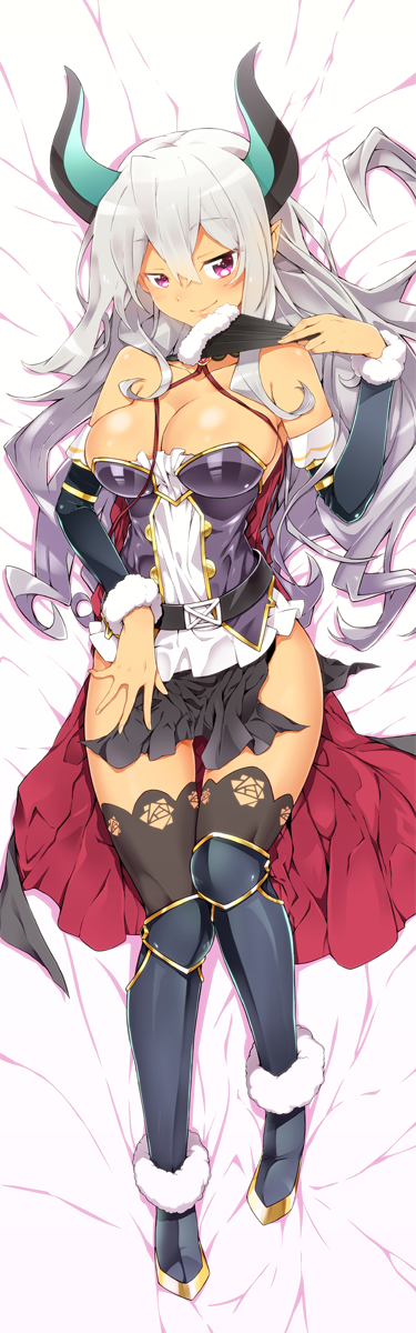 1girl armored_boots bangs bare_shoulders bed_sheet beelzebub_(slime_taoshite_300_nen) black_belt black_cape black_legwear blush boots breasts cape cleavage closed_mouth collarbone dakimakura dark_skin demon_girl demon_horns detached_sleeves dress eyebrows_visible_through_hair fan from_above full_body fur-trimmed_sleeves fur_trim hair_between_eyes half-closed_eyes highres holding holding_fan horns knee_boots large_breasts long_hair looking_at_viewer lying on_back pink_eyes pointy_ears red_cape revision shiny shiny_hair shiny_skin silver_hair slime_taoshite_300_nen_shiranai_uchi_ni_level_max_ni_nattemashita smile solo strapless strapless_dress thigh-highs tsurime yuto_(dialique)