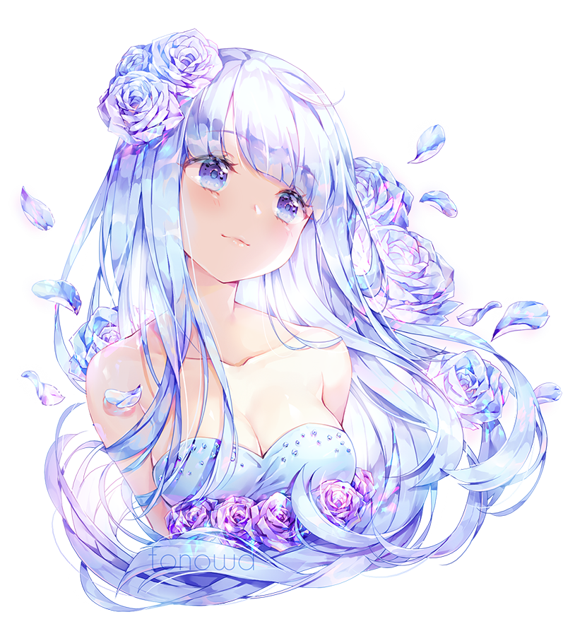 bangs bare_arms bare_shoulders blue_eyes blue_hair breasts cleavage collarbone commission flower hair_flower hair_ornament headshot long_hair looking_to_the_side original petals rose smile tonowa upper_body white_hair