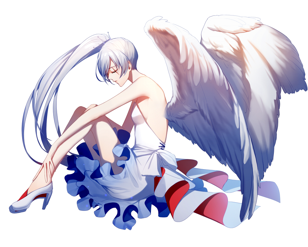 1girl angel_wings asd13 bare_arms bare_legs bare_shoulders breasts closed_eyes dress frilled_dress frills high_heels long_hair medium_breasts ponytail profile rwby scar scar_across_eye shiny shiny_hair side_ponytail simple_background sitting solo strapless strapless_dress weiss_schnee white_background white_dress white_hair wings
