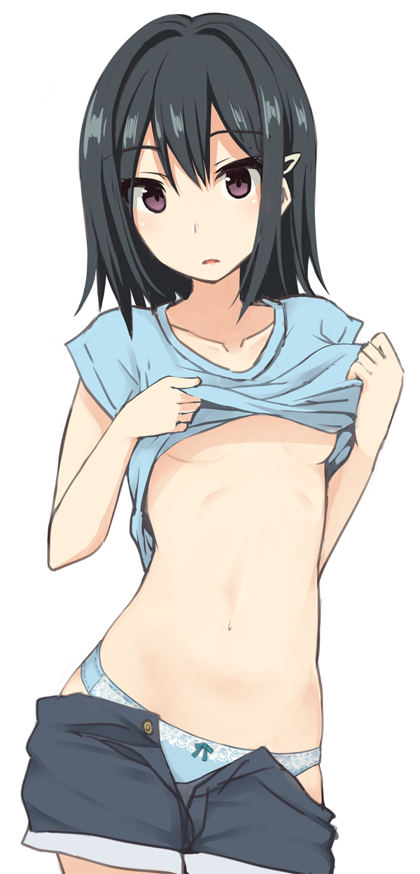 1girl :o blue_panties blue_shirt bow bow_panties breasts brown_eyes contrapposto copyright_request cowboy_shot eyebrows_visible_through_hair grey_shorts hair_ornament hairclip hands_up highres lifted_by_self looking_at_viewer nagami_yuu no_bra panties parted_lips shirt shirt_lift short_sleeves shorts shorts_down simple_background small_breasts solo standing underwear white_background