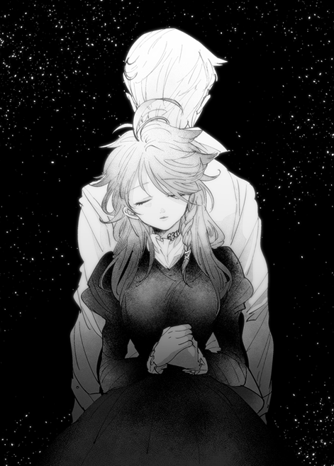 1boy 1girl back-to-back black_background braid closed_eyes dress emma_(yakusoku_no_neverland) greyscale hands_together juliet_sleeves long_sleeves monochrome ni-si_(nisi_kun) norman_(yakusoku_no_neverland) older parted_lips puffy_sleeves short_hair simple_background single_braid yakusoku_no_neverland