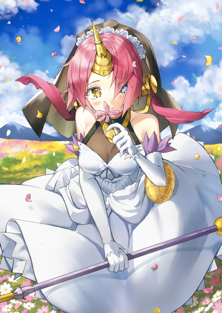 1girl blue_eyes blue_sky blush breasts bridal_veil cleavage clouds daisy day dress elbow_gloves eyes_visible_through_hair fate/apocrypha fate_(series) flower frankenstein's_monster_(fate) gloves h_shai hair_between_eyes head_wreath heterochromia holding holding_flower horn long_dress looking_at_viewer outdoors pink_flower pink_hair rose see-through short_hair sky sleeveless sleeveless_dress solo veil wedding_dress white_dress white_flower white_gloves white_rose yellow_eyes